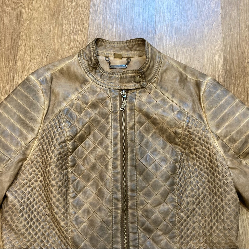 Jou Jou Women's Brown Quilted Faux Leather Moto Jacket Grunge Distressed Large - Picture 9 of 16